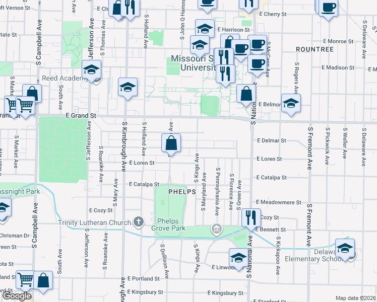 map of restaurants, bars, coffee shops, grocery stores, and more near 933 East Loren Street in Springfield