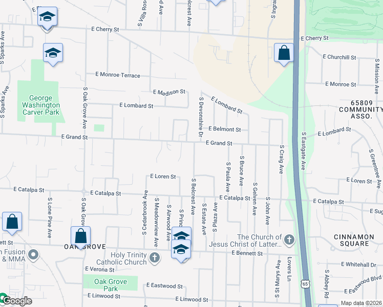 map of restaurants, bars, coffee shops, grocery stores, and more near 1027 South Belcrest Avenue in Springfield