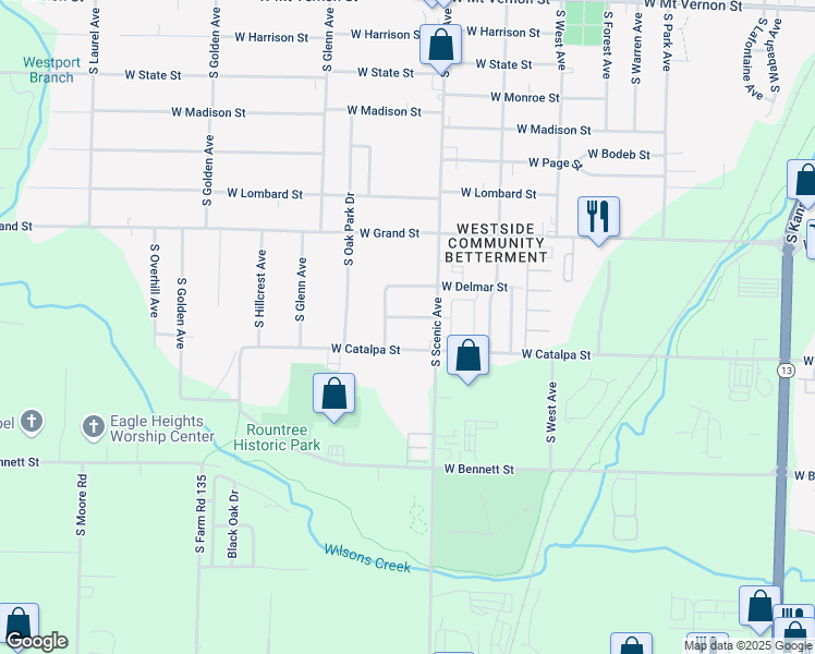 map of restaurants, bars, coffee shops, grocery stores, and more near 1164 South Homewood Avenue in Springfield