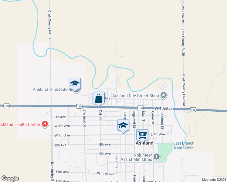 map of restaurants, bars, coffee shops, grocery stores, and more near 206-208 North Grant Street in Ashland