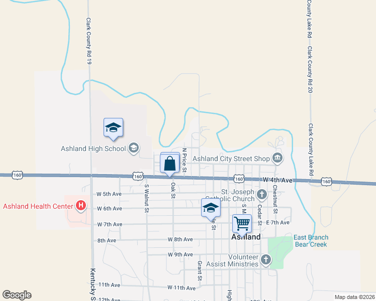 map of restaurants, bars, coffee shops, grocery stores, and more near 249-299 North Price Street in Ashland