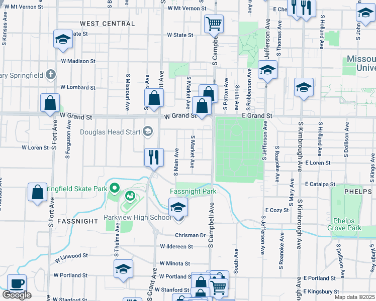 map of restaurants, bars, coffee shops, grocery stores, and more near 525 West Loren Street in Springfield