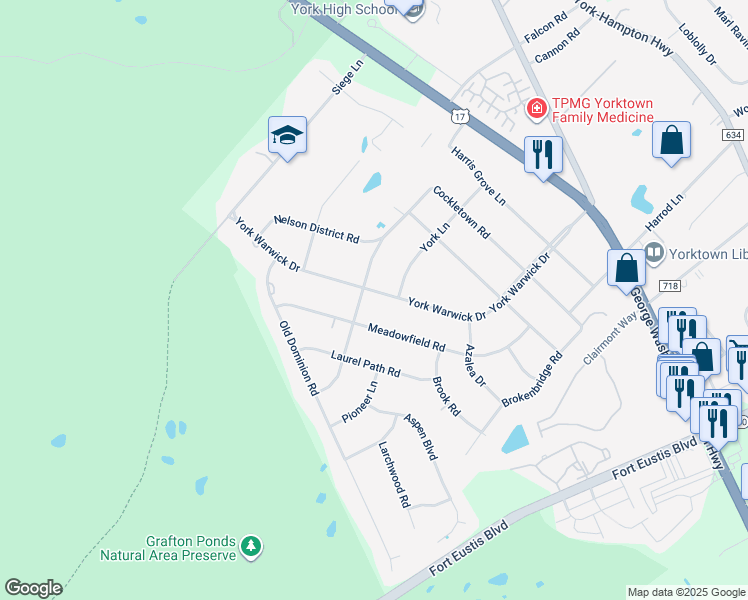 map of restaurants, bars, coffee shops, grocery stores, and more near 605 York Warwick Drive in Yorktown