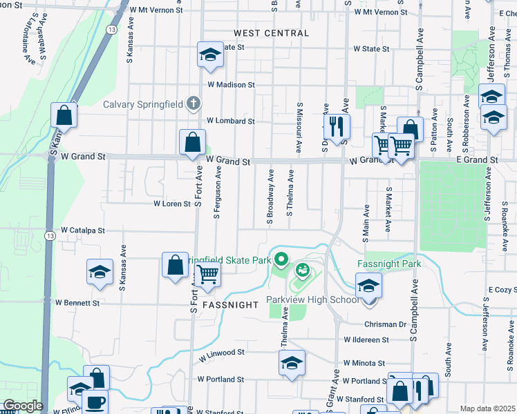 map of restaurants, bars, coffee shops, grocery stores, and more near 1100 South Weaver Avenue in Springfield