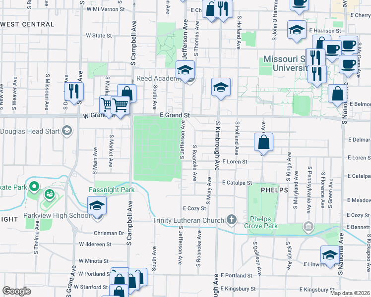 map of restaurants, bars, coffee shops, grocery stores, and more near 1121 South Roanoke Avenue in Springfield