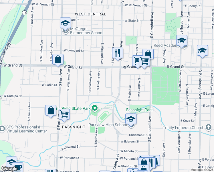 map of restaurants, bars, coffee shops, grocery stores, and more near 1066 South Missouri Avenue in Springfield