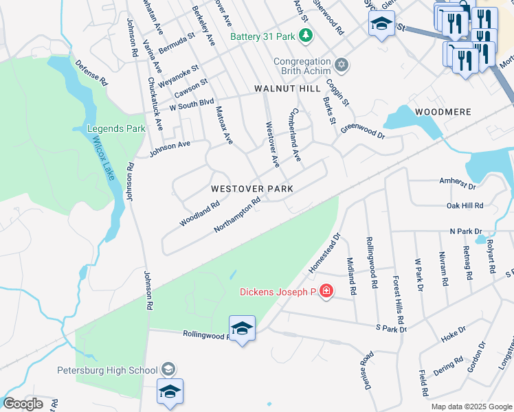map of restaurants, bars, coffee shops, grocery stores, and more near 1018 Hampton Road in Petersburg