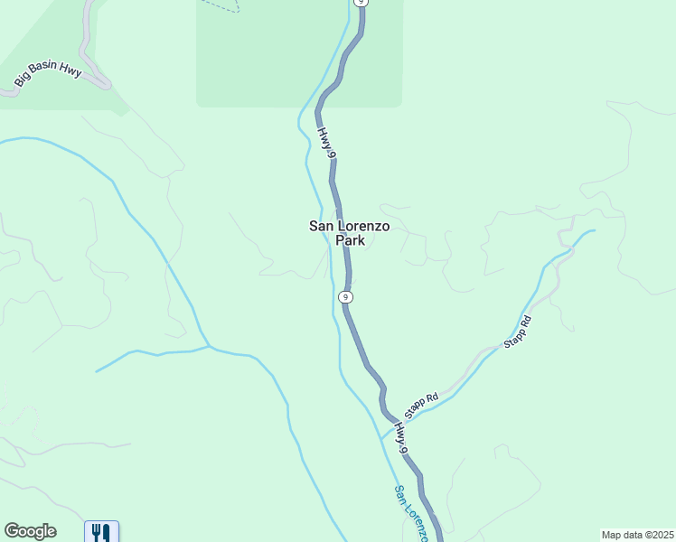 map of restaurants, bars, coffee shops, grocery stores, and more near 18725 Highway 9 in Boulder Creek