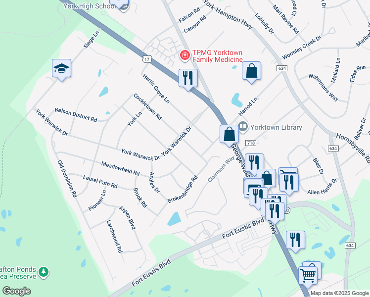 map of restaurants, bars, coffee shops, grocery stores, and more near 309 Cockletown Road in Yorktown
