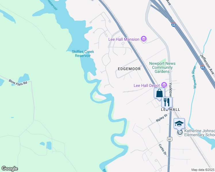map of restaurants, bars, coffee shops, grocery stores, and more near 24 Creekpoint Cove in Newport News