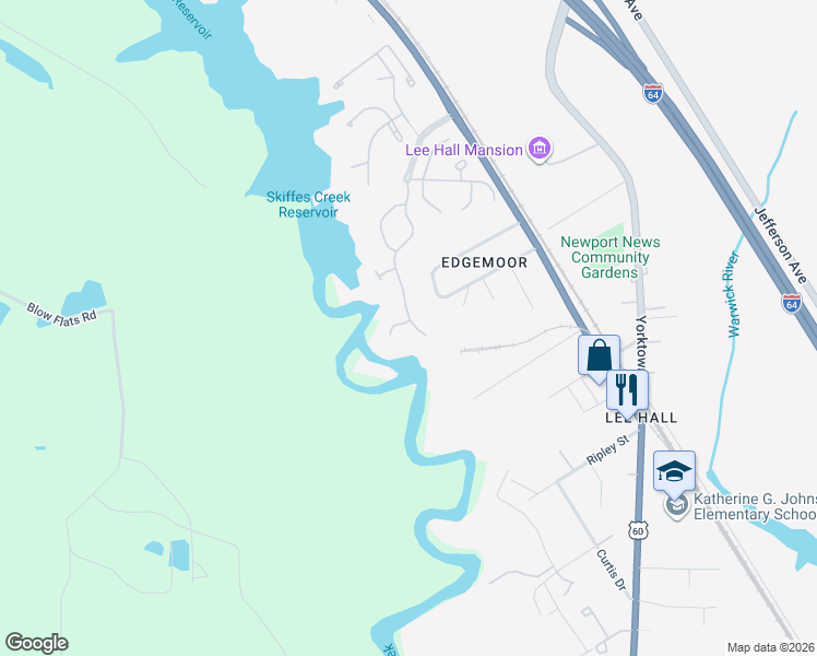 map of restaurants, bars, coffee shops, grocery stores, and more near 24 Creekpoint Cove in Newport News