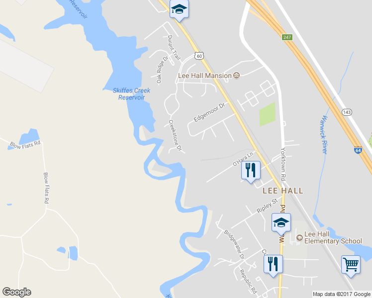 map of restaurants, bars, coffee shops, grocery stores, and more near 20 Creekstone Drive in Newport News