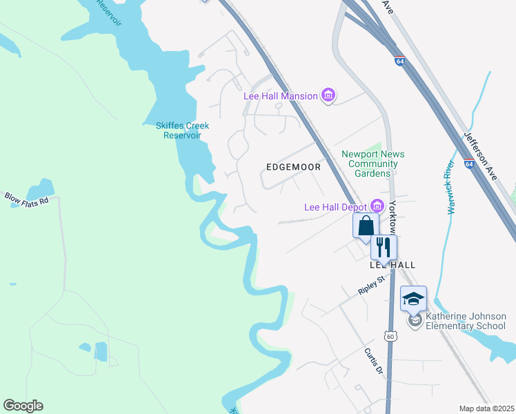 map of restaurants, bars, coffee shops, grocery stores, and more near 20 Creekstone Drive in Newport News