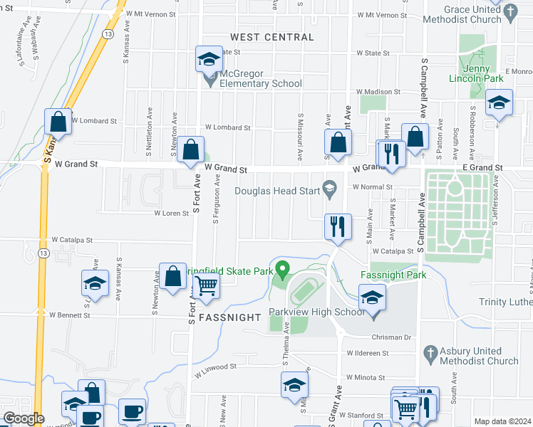 map of restaurants, bars, coffee shops, grocery stores, and more near 1079 South Broadway Avenue in Springfield