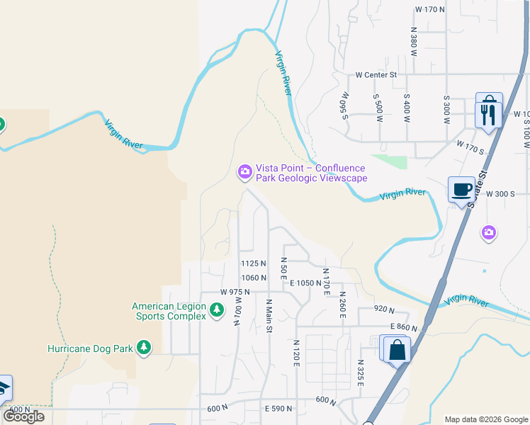 map of restaurants, bars, coffee shops, grocery stores, and more near 1245 North Main Street in Hurricane