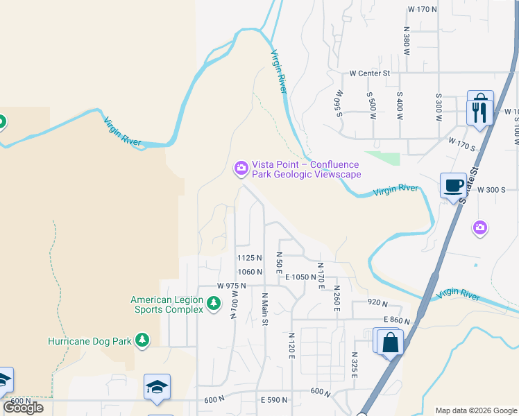 map of restaurants, bars, coffee shops, grocery stores, and more near 1245 North Main Street in Hurricane