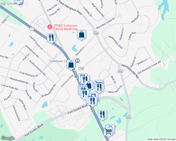 map of restaurants, bars, coffee shops, grocery stores, and more near 601 Fleming Way in Yorktown