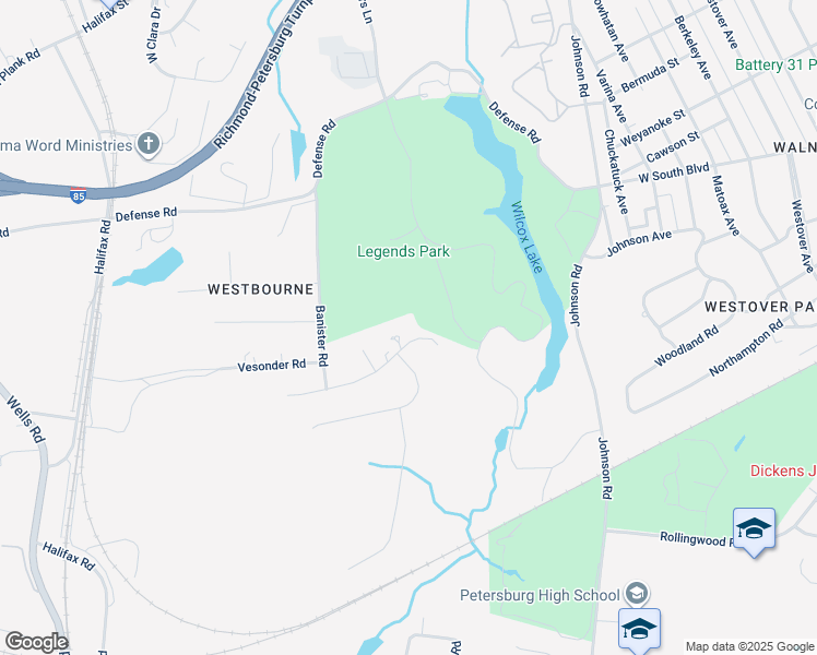 map of restaurants, bars, coffee shops, grocery stores, and more near 1737 Ramblewood Road in Petersburg