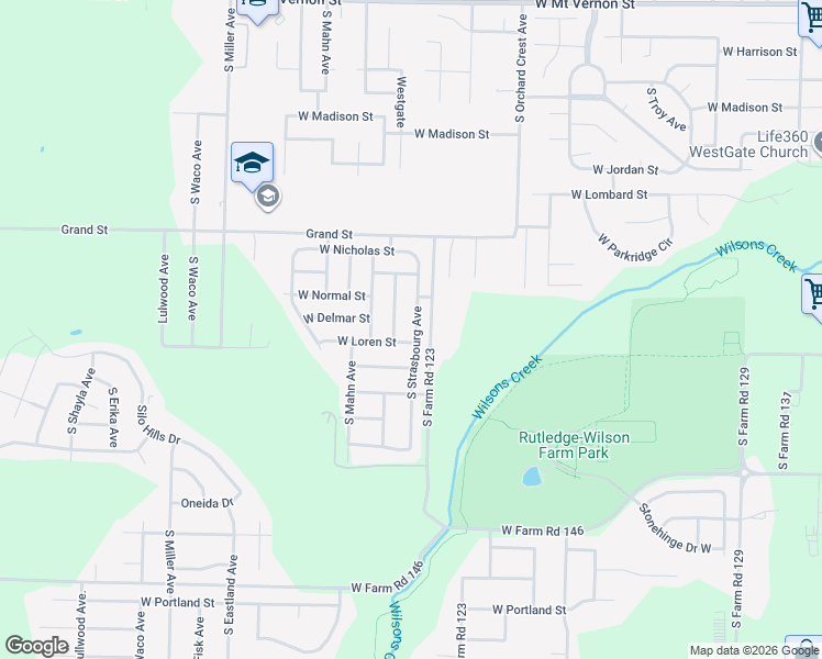 map of restaurants, bars, coffee shops, grocery stores, and more near 1165 South Strasbourg Avenue in Springfield