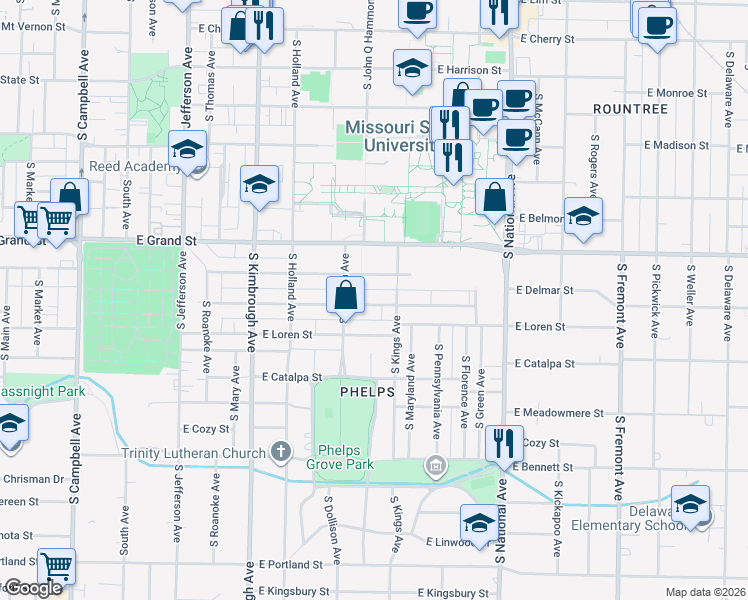 map of restaurants, bars, coffee shops, grocery stores, and more near 930 East Normal Street in Springfield