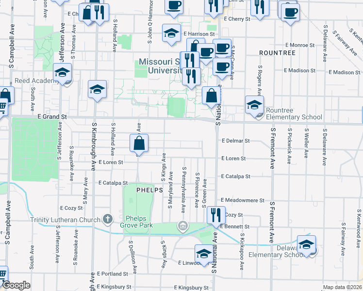 map of restaurants, bars, coffee shops, grocery stores, and more near 1100 W Normal St in Springfield