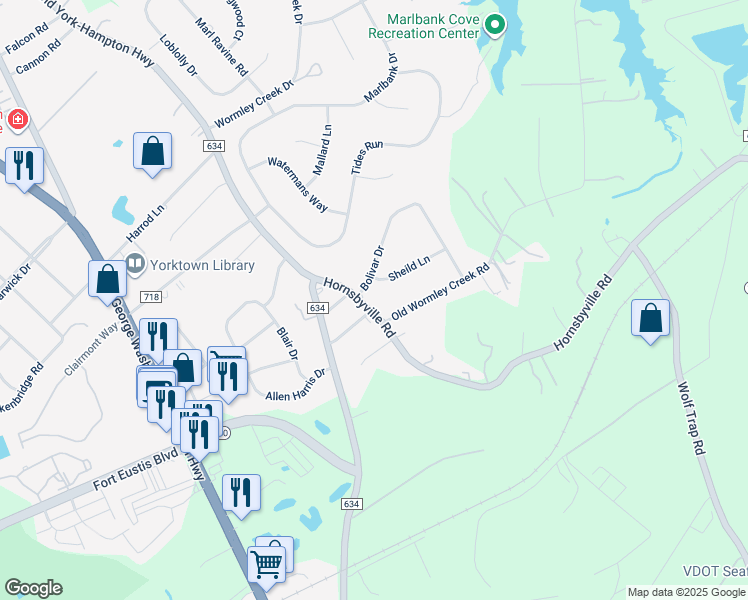 map of restaurants, bars, coffee shops, grocery stores, and more near 209 Hornsbyville Road in Yorktown