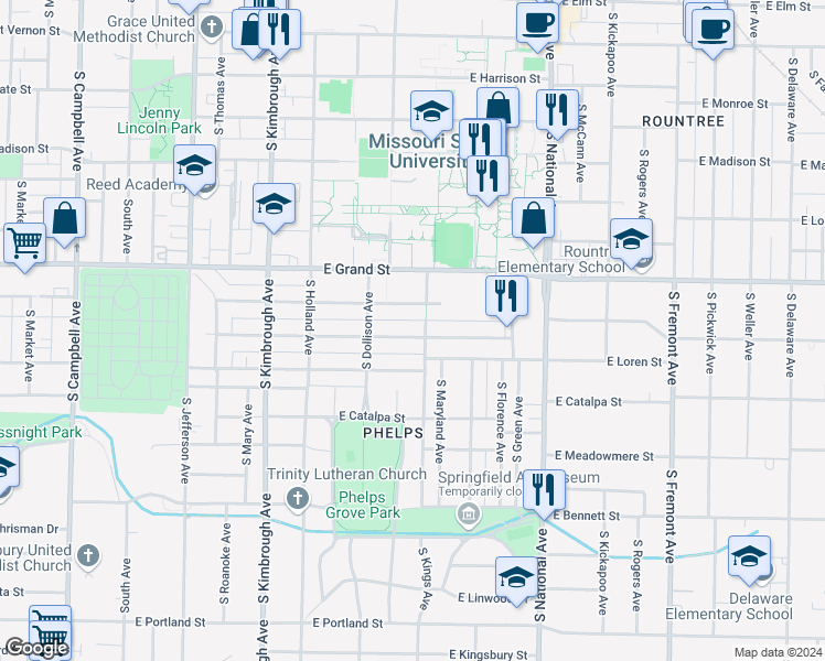 map of restaurants, bars, coffee shops, grocery stores, and more near 947 East Delmar Street in Springfield