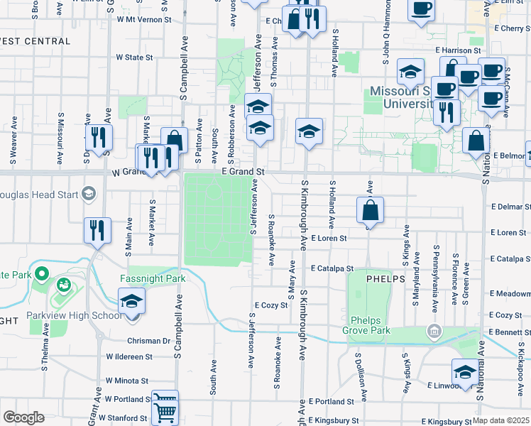 map of restaurants, bars, coffee shops, grocery stores, and more near 1053 South Roanoke Avenue in Springfield