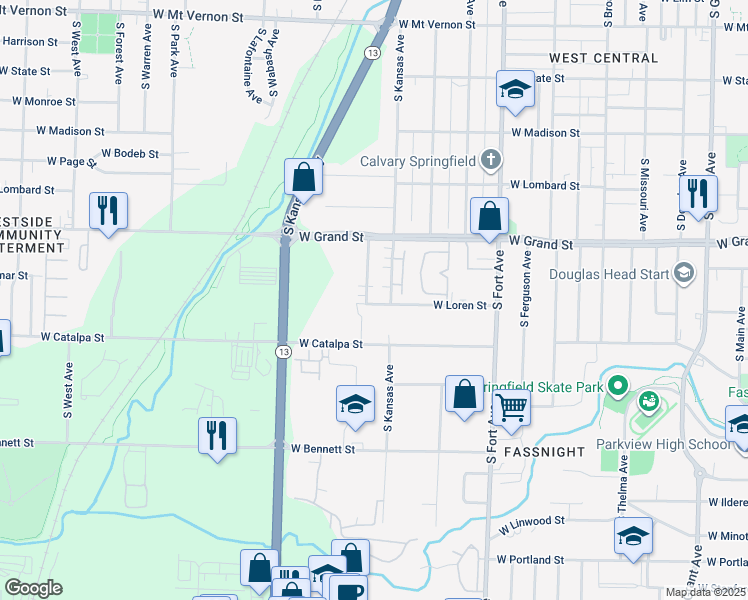 map of restaurants, bars, coffee shops, grocery stores, and more near 1052a South Lexington Avenue in Springfield