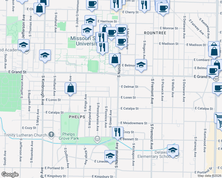 map of restaurants, bars, coffee shops, grocery stores, and more near 1140 West Normal Street in Springfield