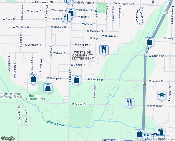 map of restaurants, bars, coffee shops, grocery stores, and more near 1120 South Brown Avenue in Springfield