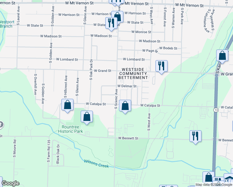 map of restaurants, bars, coffee shops, grocery stores, and more near 1101 South Scenic Avenue in Springfield