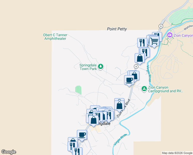 map of restaurants, bars, coffee shops, grocery stores, and more near Water Tower Road in Springdale