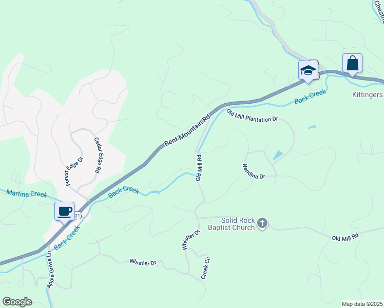 map of restaurants, bars, coffee shops, grocery stores, and more near 7565 Old Bent Mountain Road in Roanoke