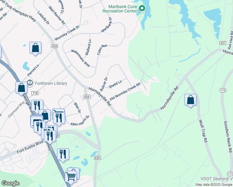 map of restaurants, bars, coffee shops, grocery stores, and more near 117 Old Wormley Creek Road in Yorktown