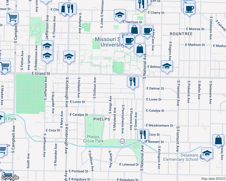 map of restaurants, bars, coffee shops, grocery stores, and more near 1010 East Normal Street in Springfield