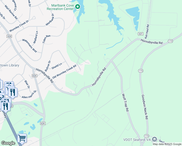 map of restaurants, bars, coffee shops, grocery stores, and more near 909 Hornsbyville Road in Yorktown