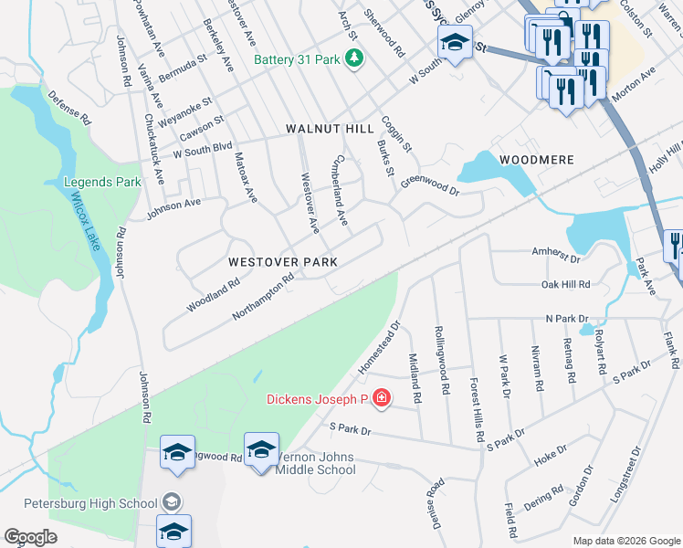 map of restaurants, bars, coffee shops, grocery stores, and more near 818 Hampton Road in Petersburg