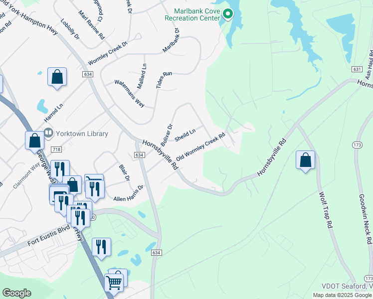 map of restaurants, bars, coffee shops, grocery stores, and more near 117 Old Wormley Creek Road in Yorktown