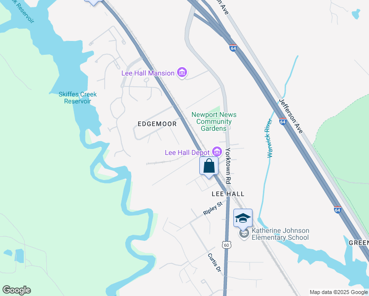 map of restaurants, bars, coffee shops, grocery stores, and more near 17455 Warwick Boulevard in Newport News