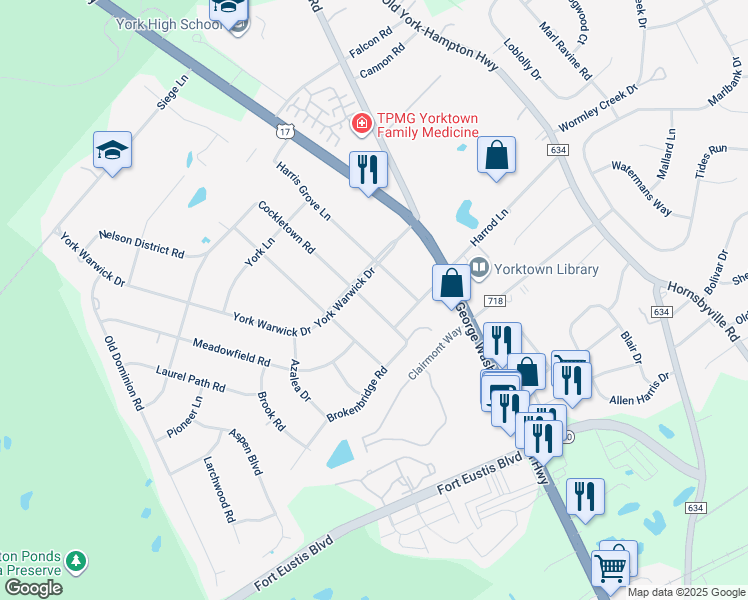 map of restaurants, bars, coffee shops, grocery stores, and more near 306 Cockletown Road in Yorktown