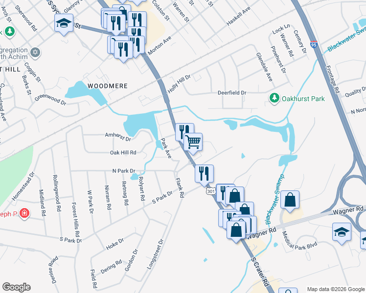 map of restaurants, bars, coffee shops, grocery stores, and more near 2719 South Crater Road in Petersburg