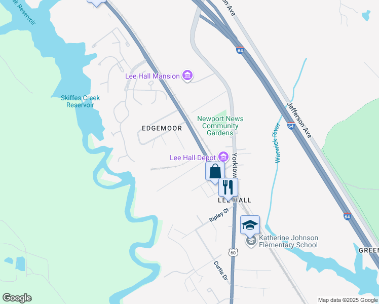 map of restaurants, bars, coffee shops, grocery stores, and more near 17455 Warwick Boulevard in Newport News