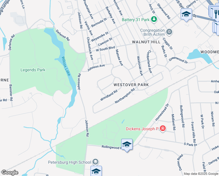 map of restaurants, bars, coffee shops, grocery stores, and more near 1136 Oakridge Road in Petersburg