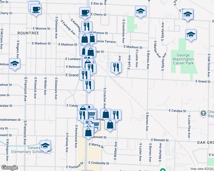 map of restaurants, bars, coffee shops, grocery stores, and more near 1036 South Crutcher Avenue in Springfield