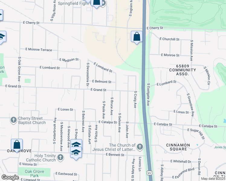 map of restaurants, bars, coffee shops, grocery stores, and more near 3163 East Grand Street in Springfield