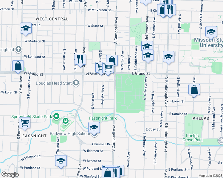 map of restaurants, bars, coffee shops, grocery stores, and more near 420 West Normal Street in Springfield