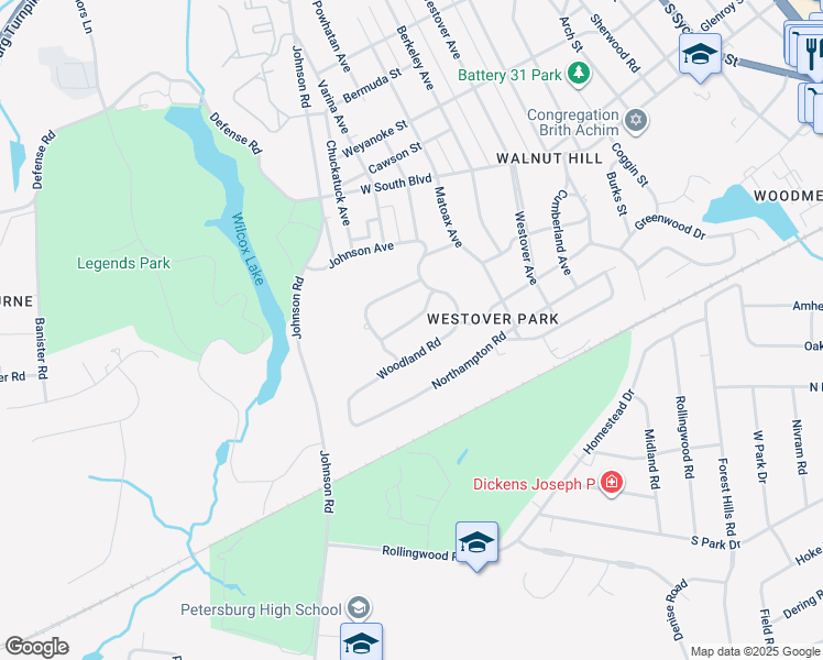 map of restaurants, bars, coffee shops, grocery stores, and more near 1136 Oakridge Road in Petersburg