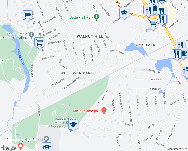 map of restaurants, bars, coffee shops, grocery stores, and more near 830 Hampton Road in Petersburg