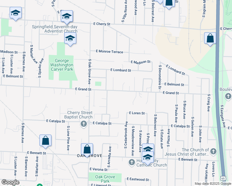 map of restaurants, bars, coffee shops, grocery stores, and more near 2740 East Grand Street in Springfield